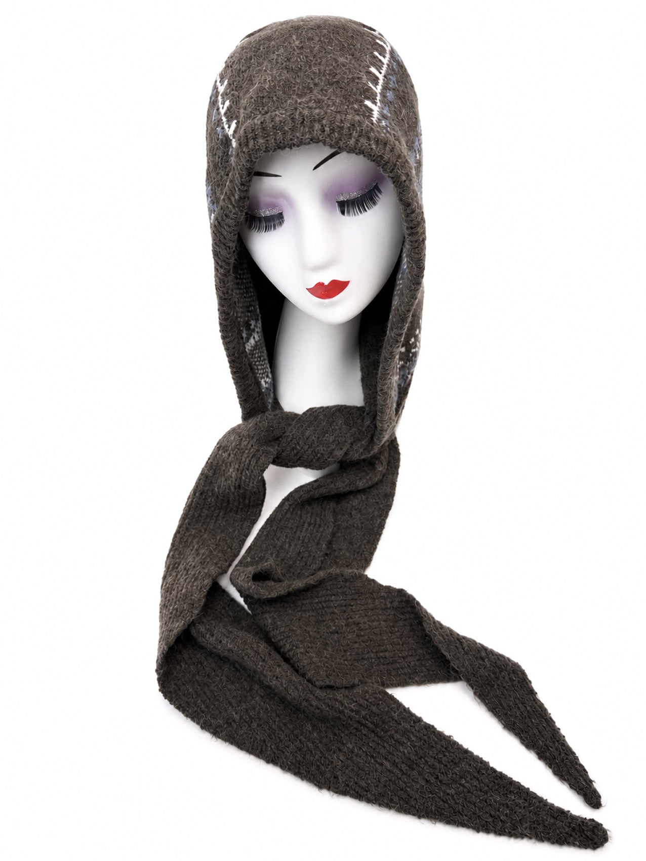 HT26200-375 Knitted Snowflake Print Hooded Scarf