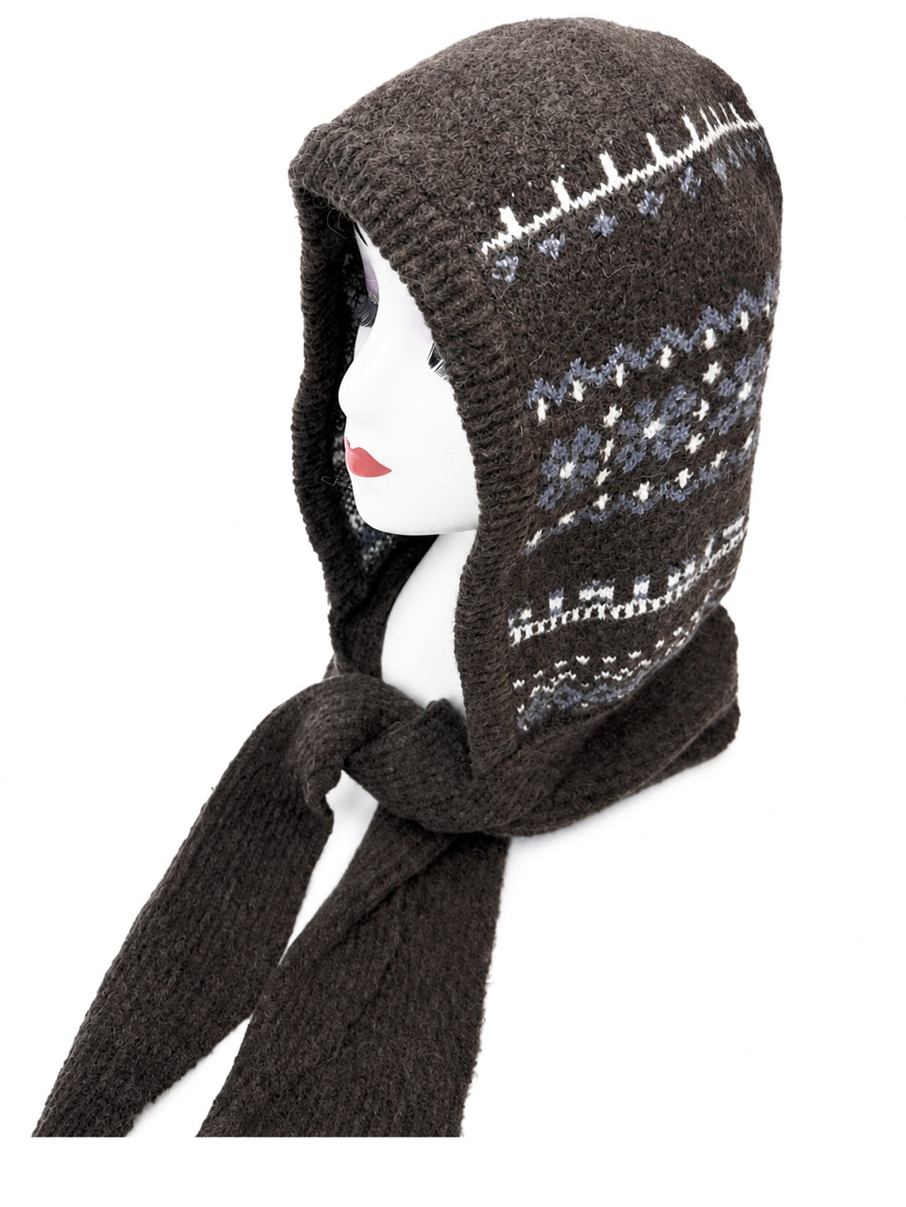 HT26200-375 Knitted Snowflake Print Hooded Scarf