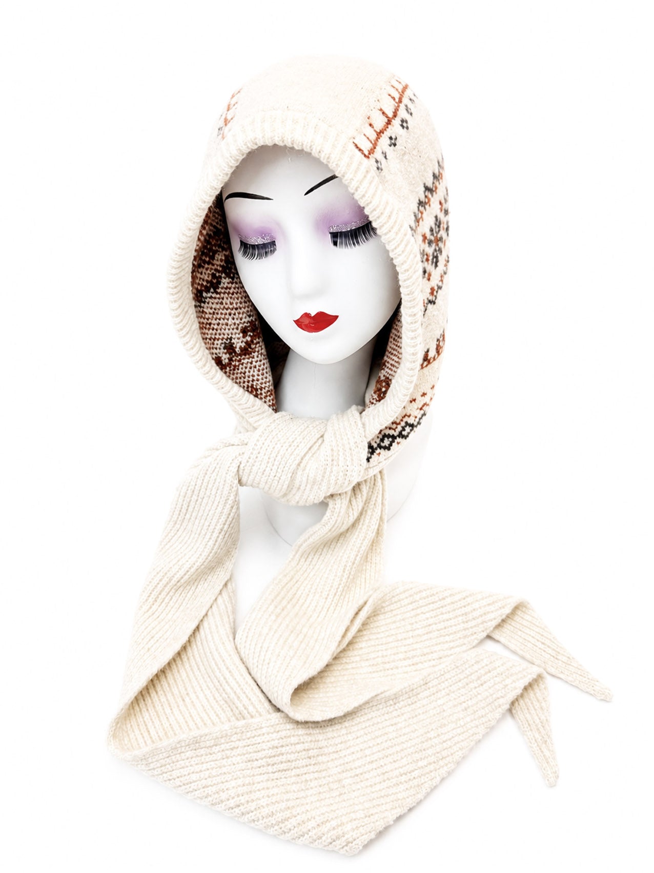 HT26200-375 Knitted Snowflake Print Hooded Scarf
