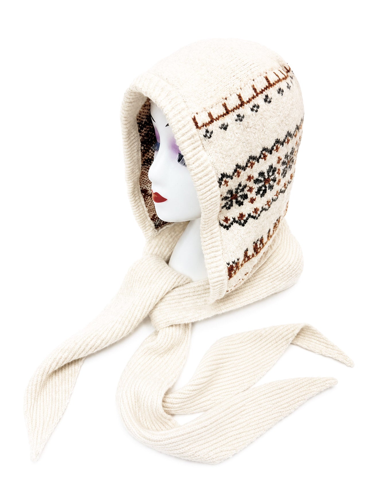 HT26200-375 Knitted Snowflake Print Hooded Scarf