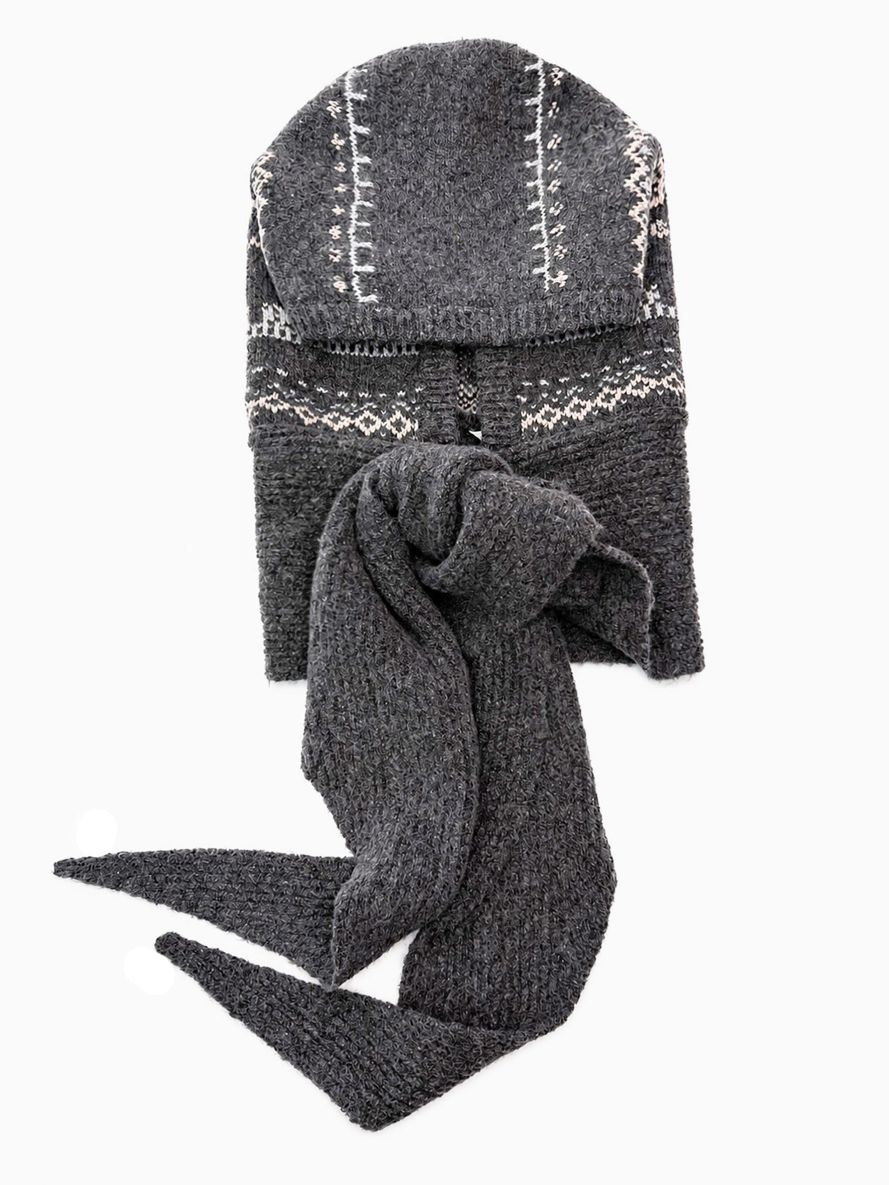 HT26200-375 Knitted Snowflake Print Hooded Scarf