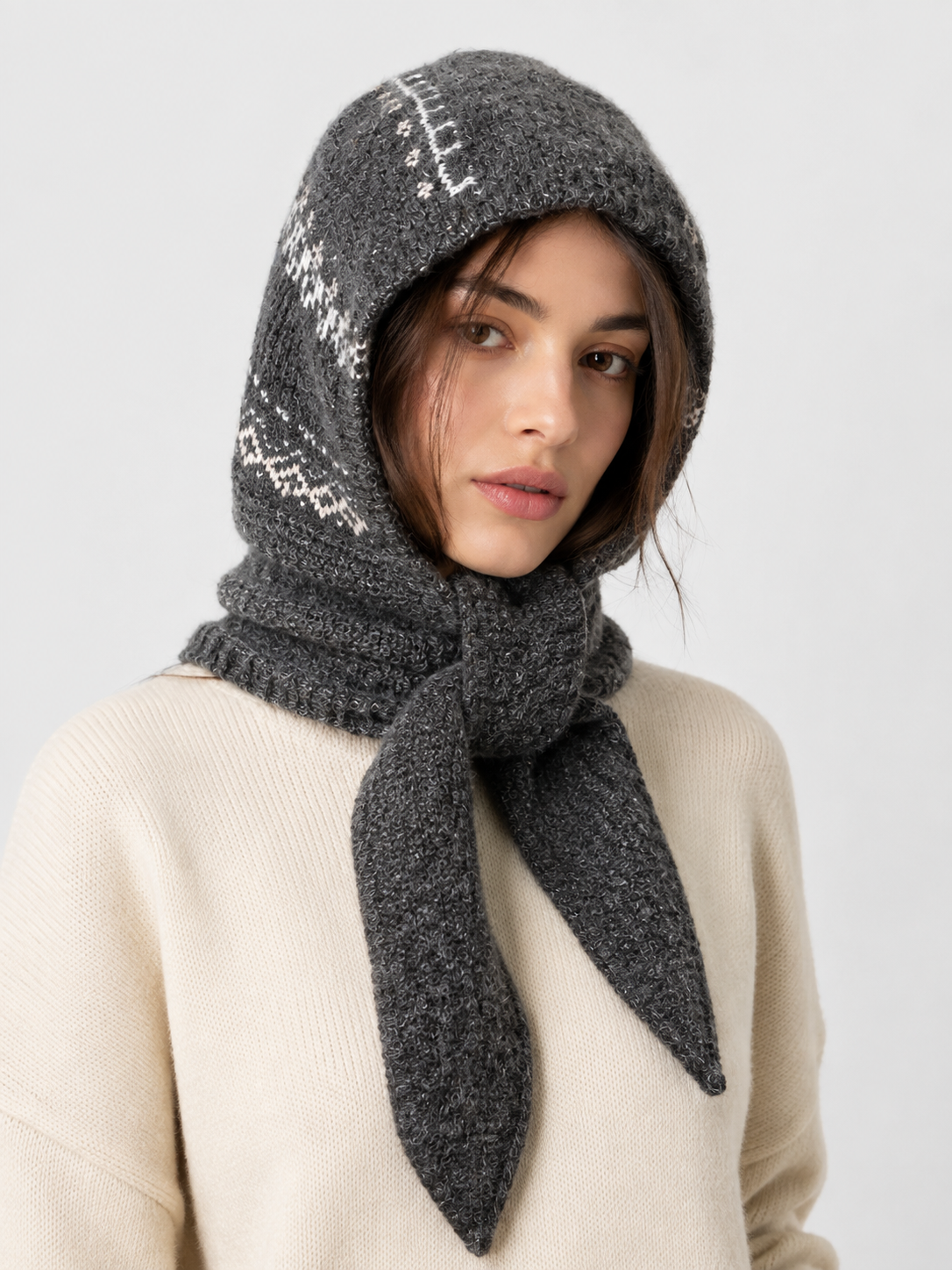 HT26200-375 Knitted Snowflake Print Hooded Scarf