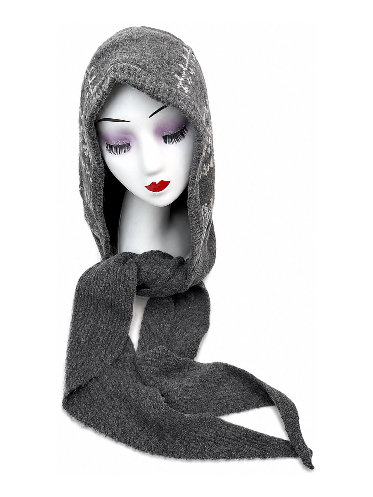 HT26200-375 Knitted Snowflake Print Hooded Scarf