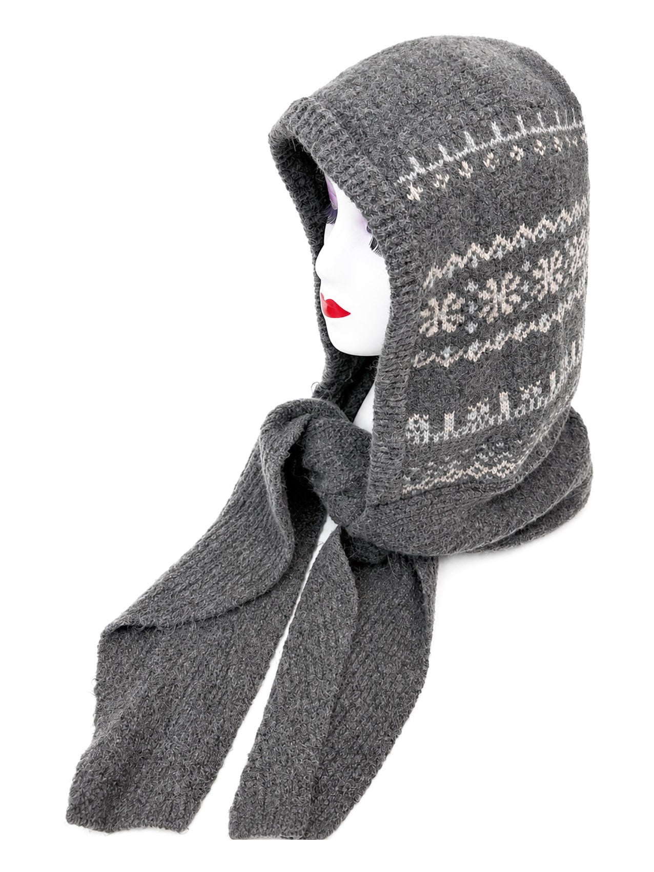 HT26200-375 Knitted Snowflake Print Hooded Scarf