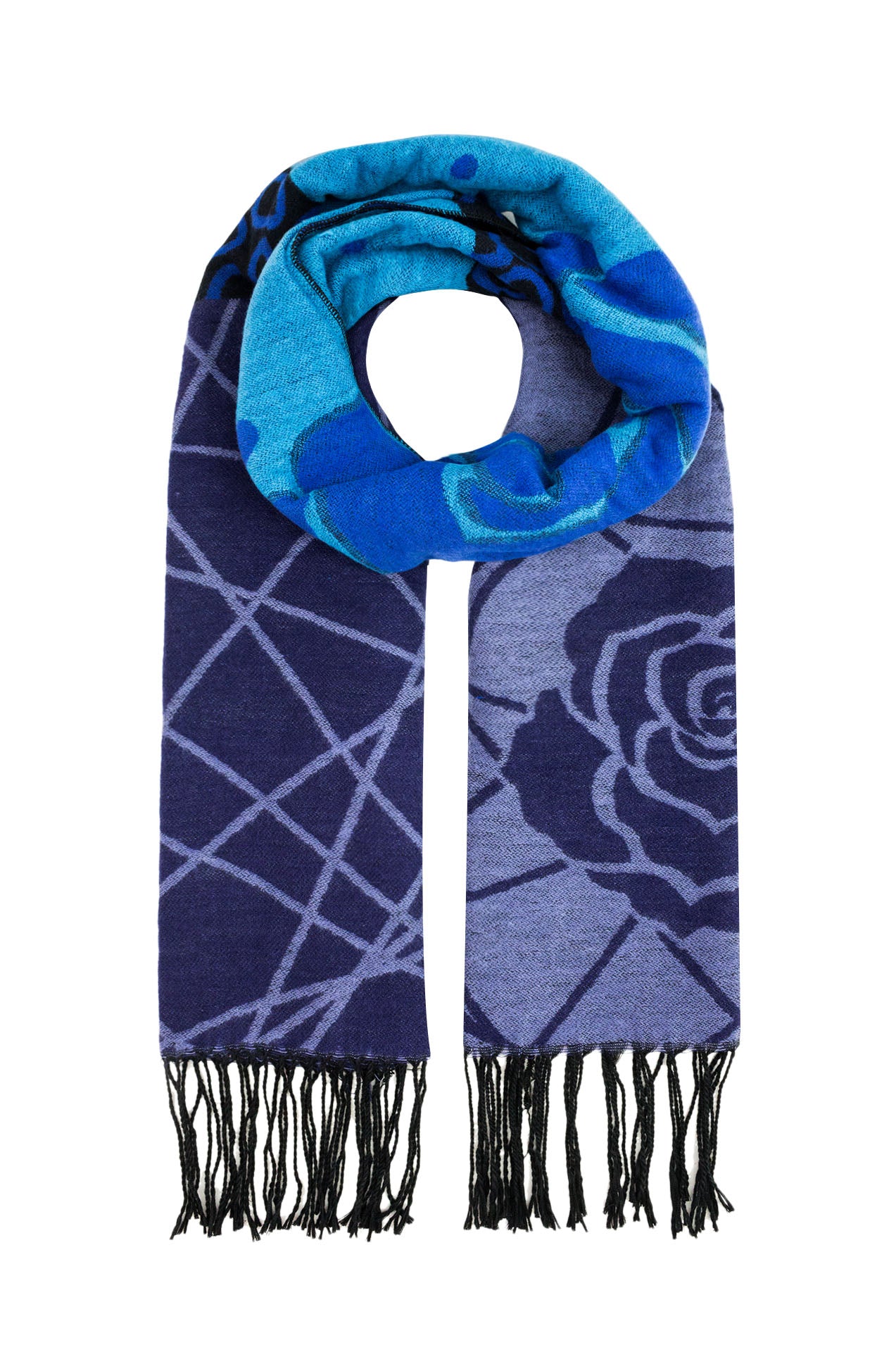 QF14250-56 Geometric Floral Print Scarf with Tassels