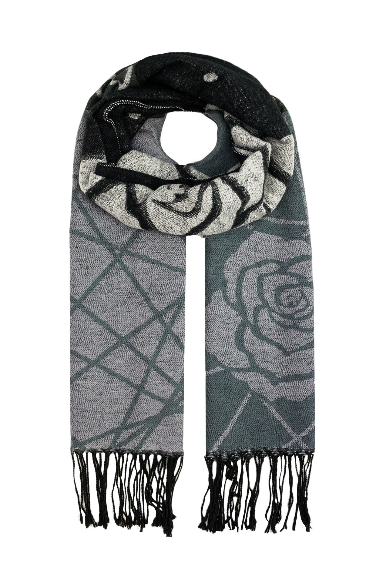 QF14250-56 Geometric Floral Print Scarf with Tassels