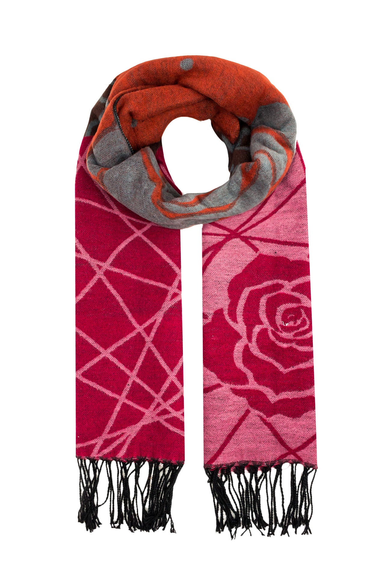 QF14250-56 Geometric Floral Print Scarf with Tassels