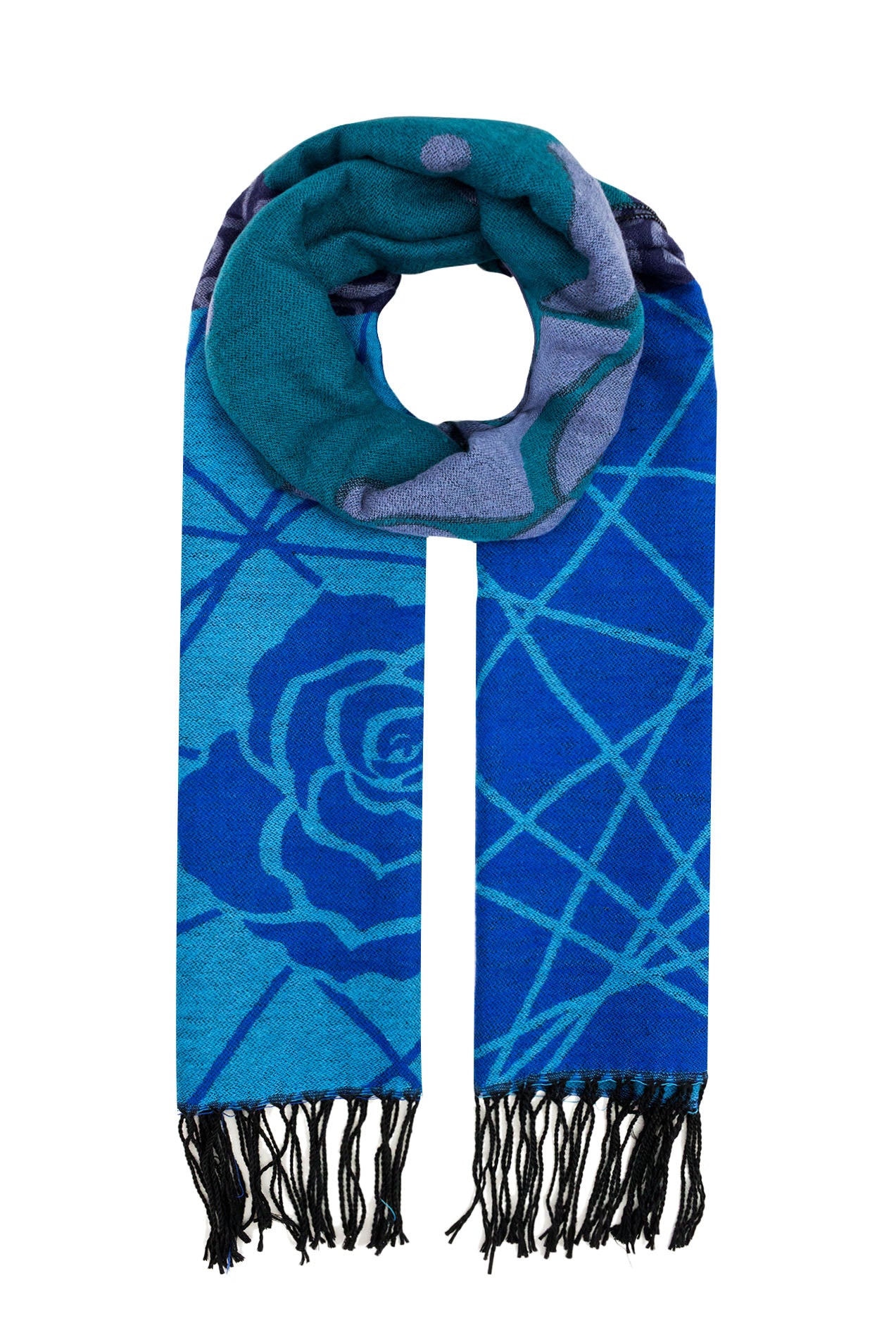 QF14250-56 Geometric Floral Print Scarf with Tassels