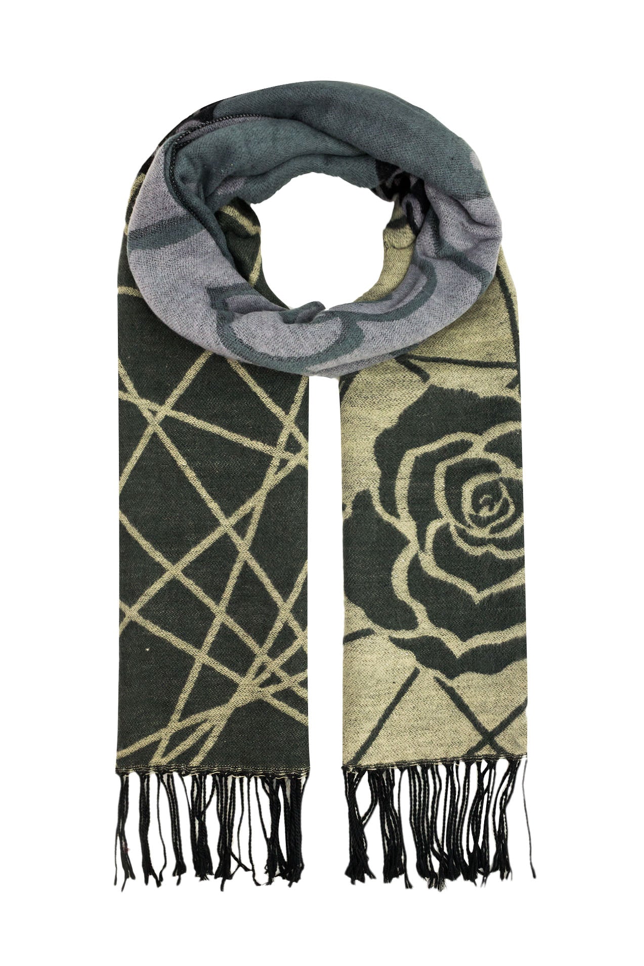 QF14250-56 Geometric Floral Print Scarf with Tassels