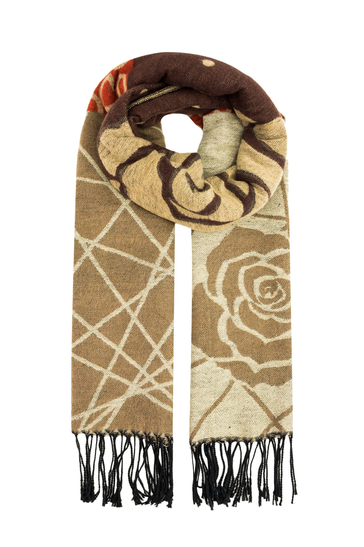 QF14250-56 Geometric Floral Print Scarf with Tassels