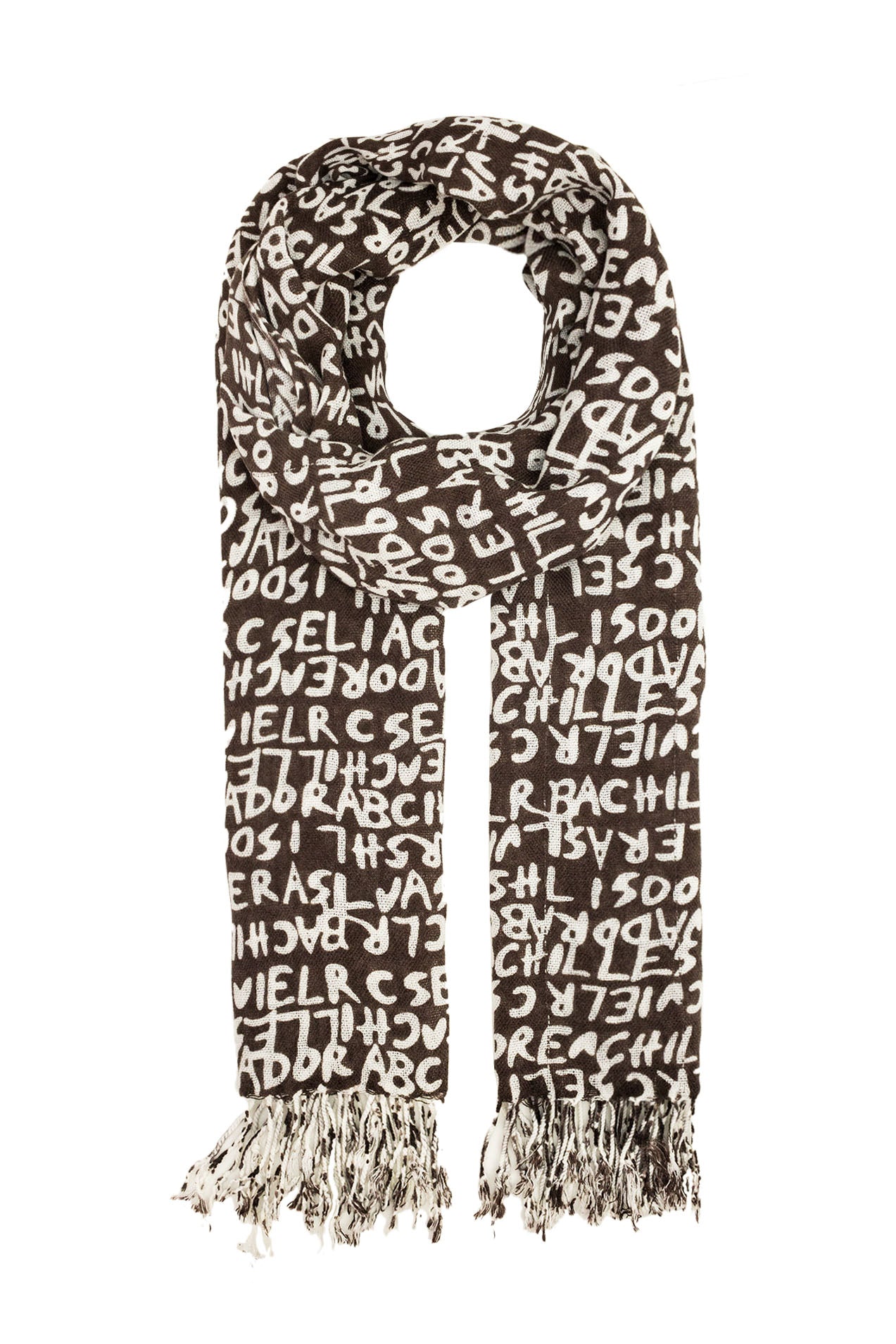 09801028-29 Colourful Letter Print Scarf with Tassels