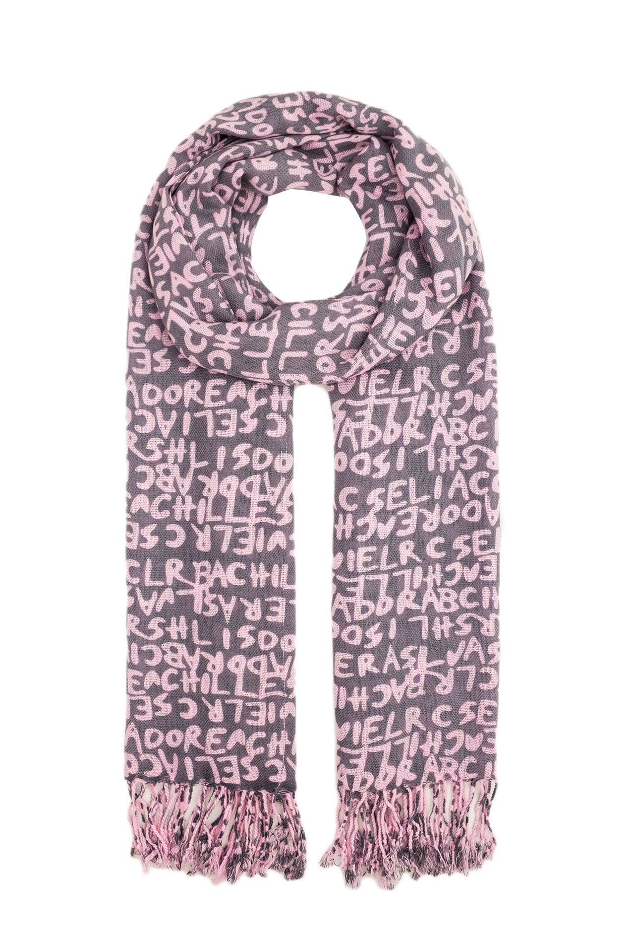 09801028-29 Colourful Letter Print Scarf with Tassels