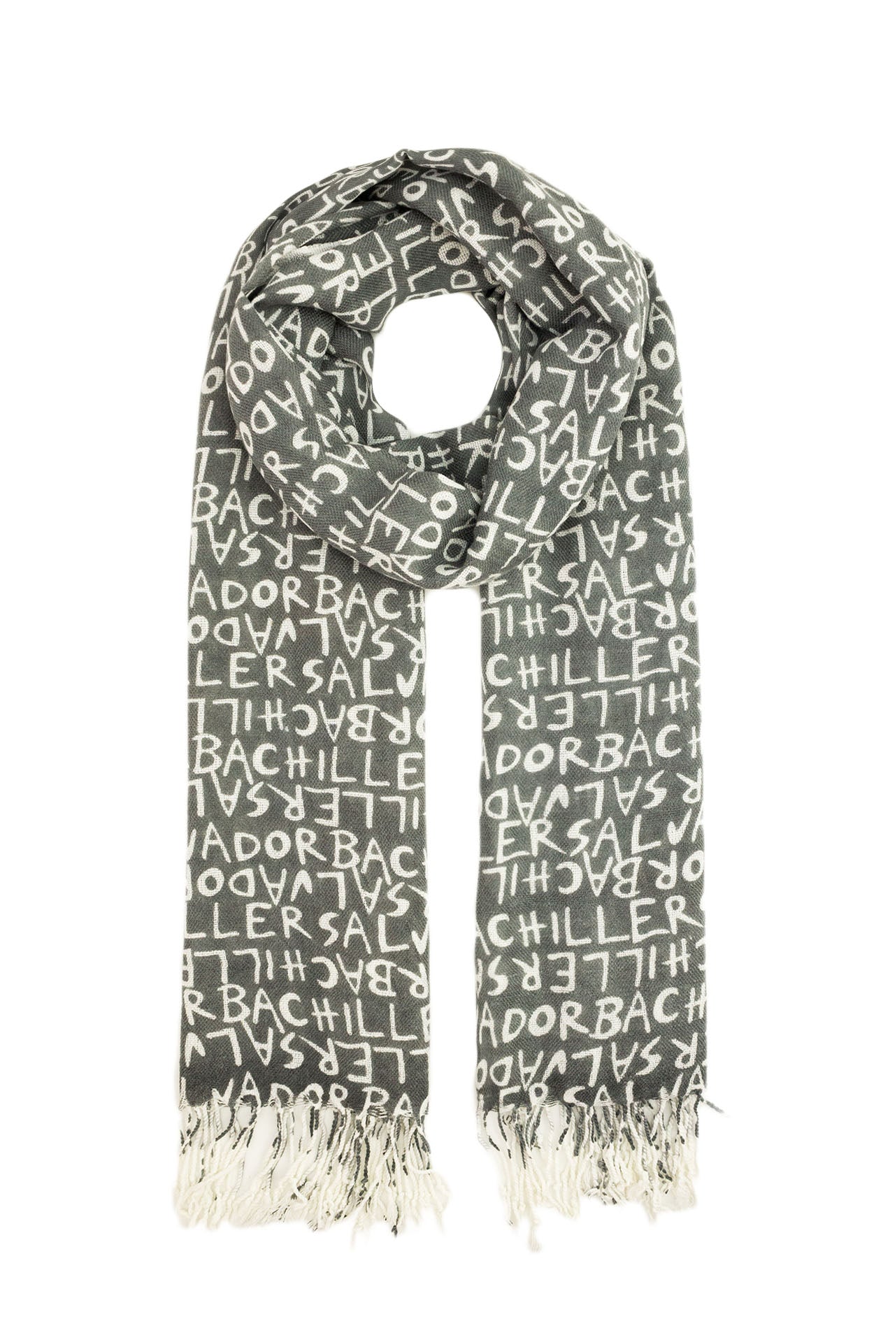 09801028-29 Colourful Letter Print Scarf with Tassels