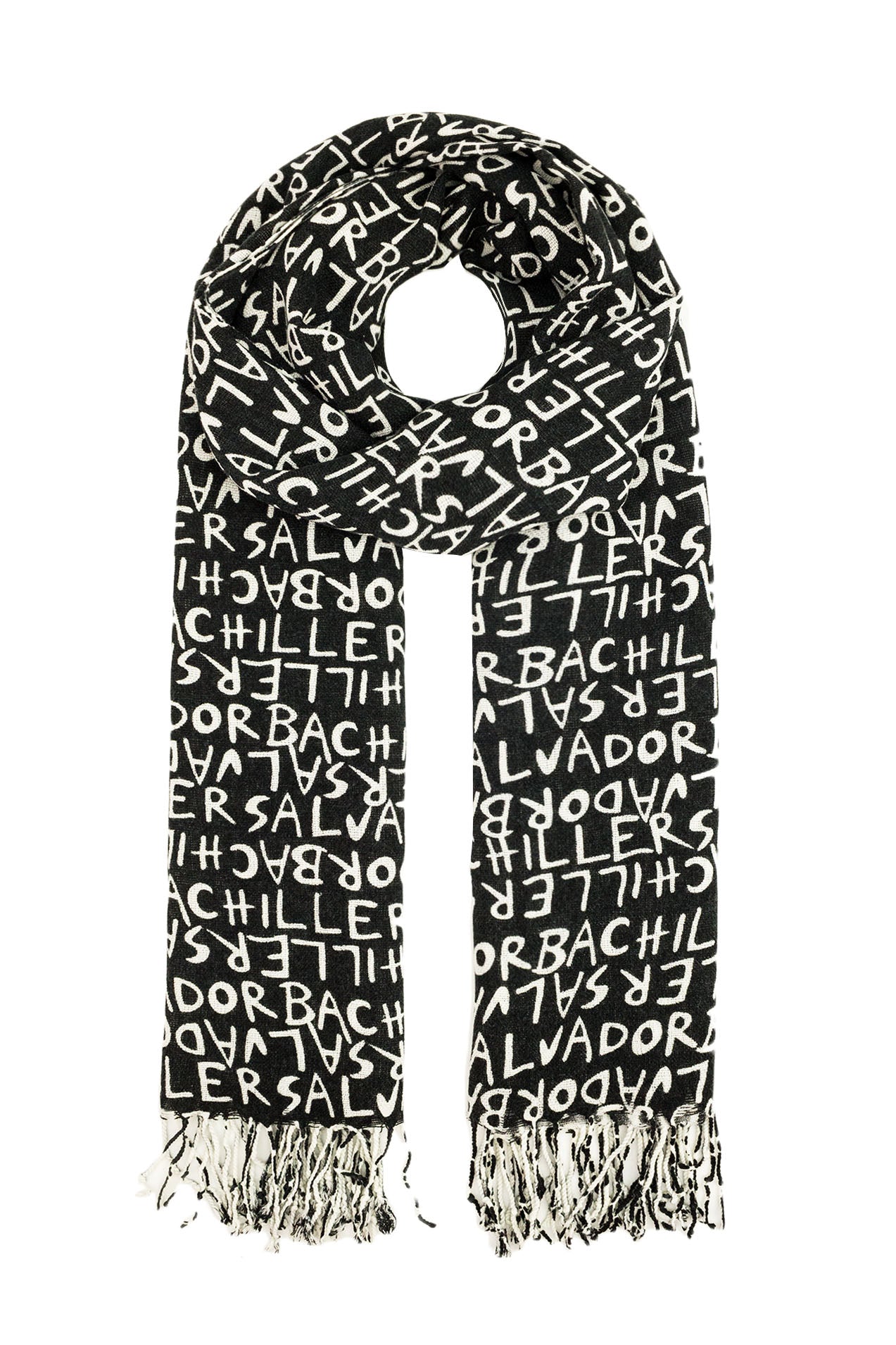 09801028-29 Colourful Letter Print Scarf with Tassels