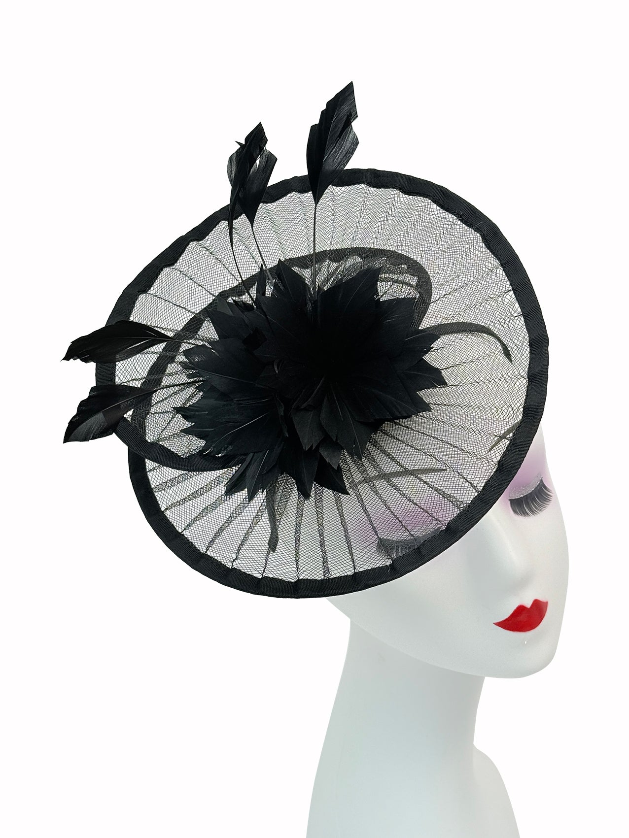 FT25190 Spiral Circular Brim Fascinator with a Feathers Burst