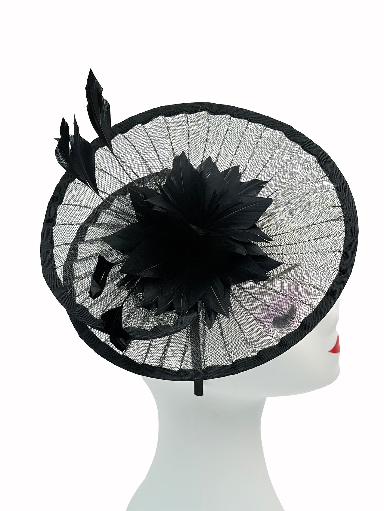 FT25190 Spiral Circular Brim Fascinator with a Feathers Burst