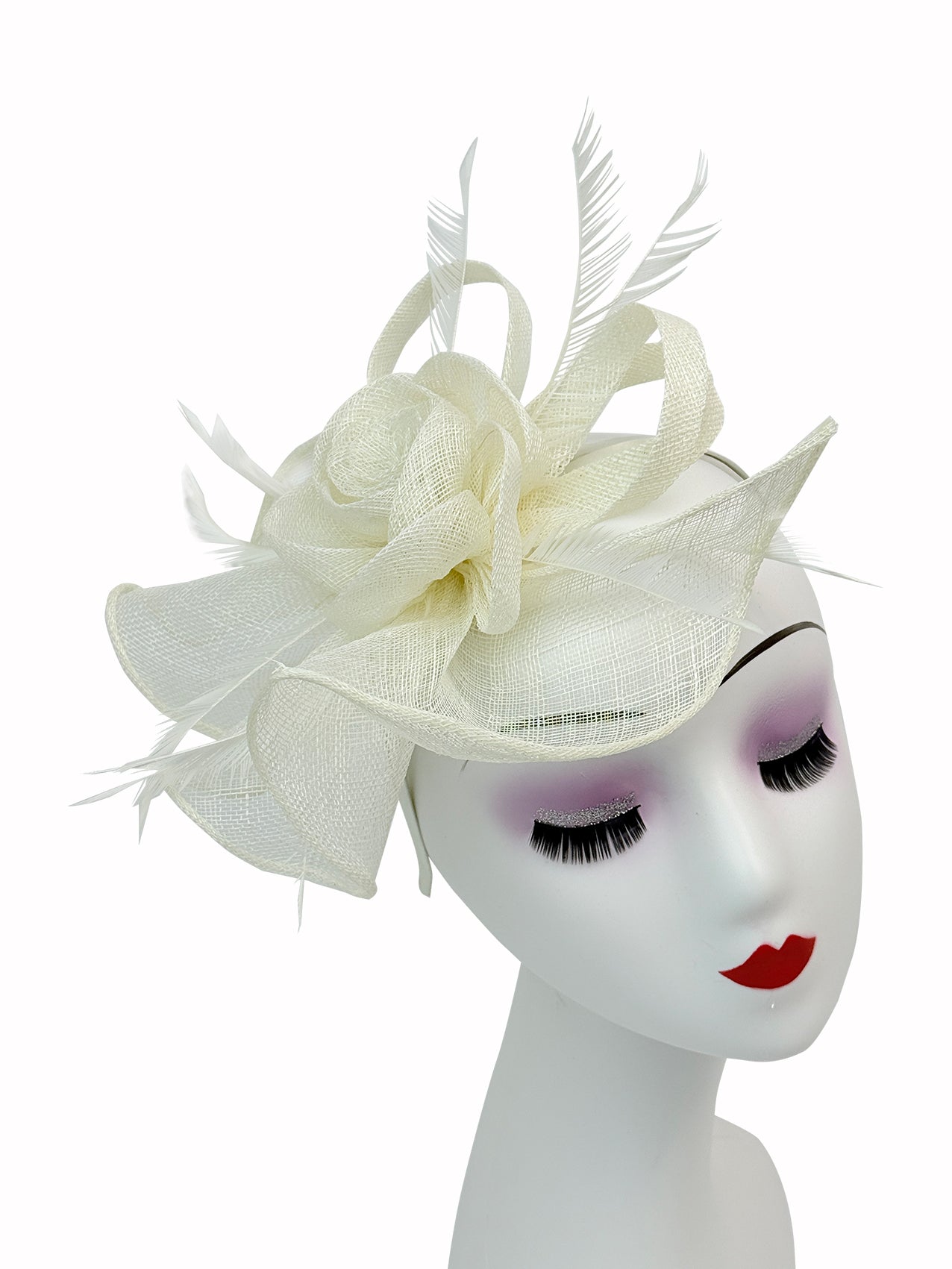 SF16189-7 Gauze Rose Fascinator with A Tear Drop Veil and Curled Feathers