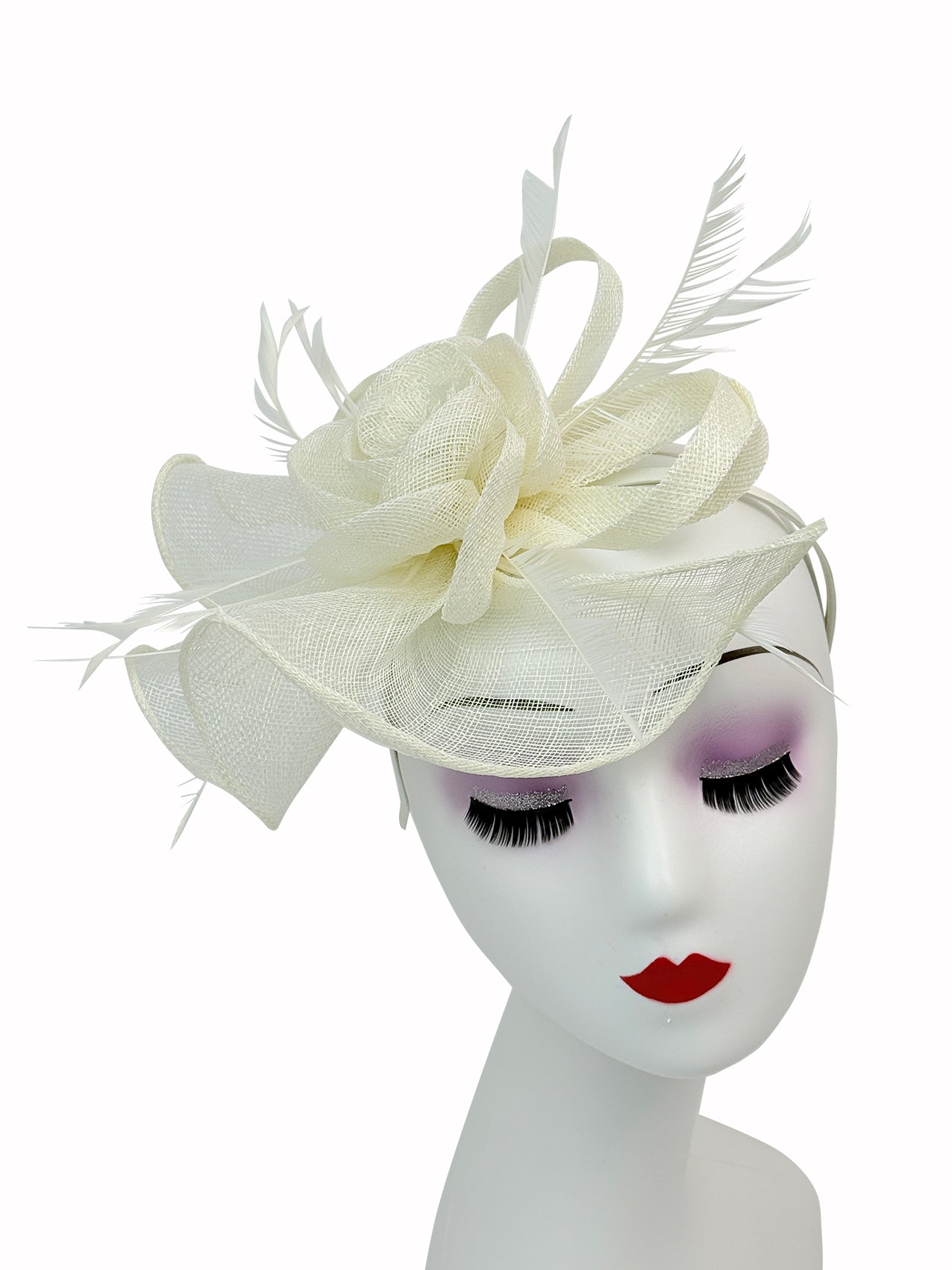 SF16189-7 Gauze Rose Fascinator with A Tear Drop Veil and Curled Feathers
