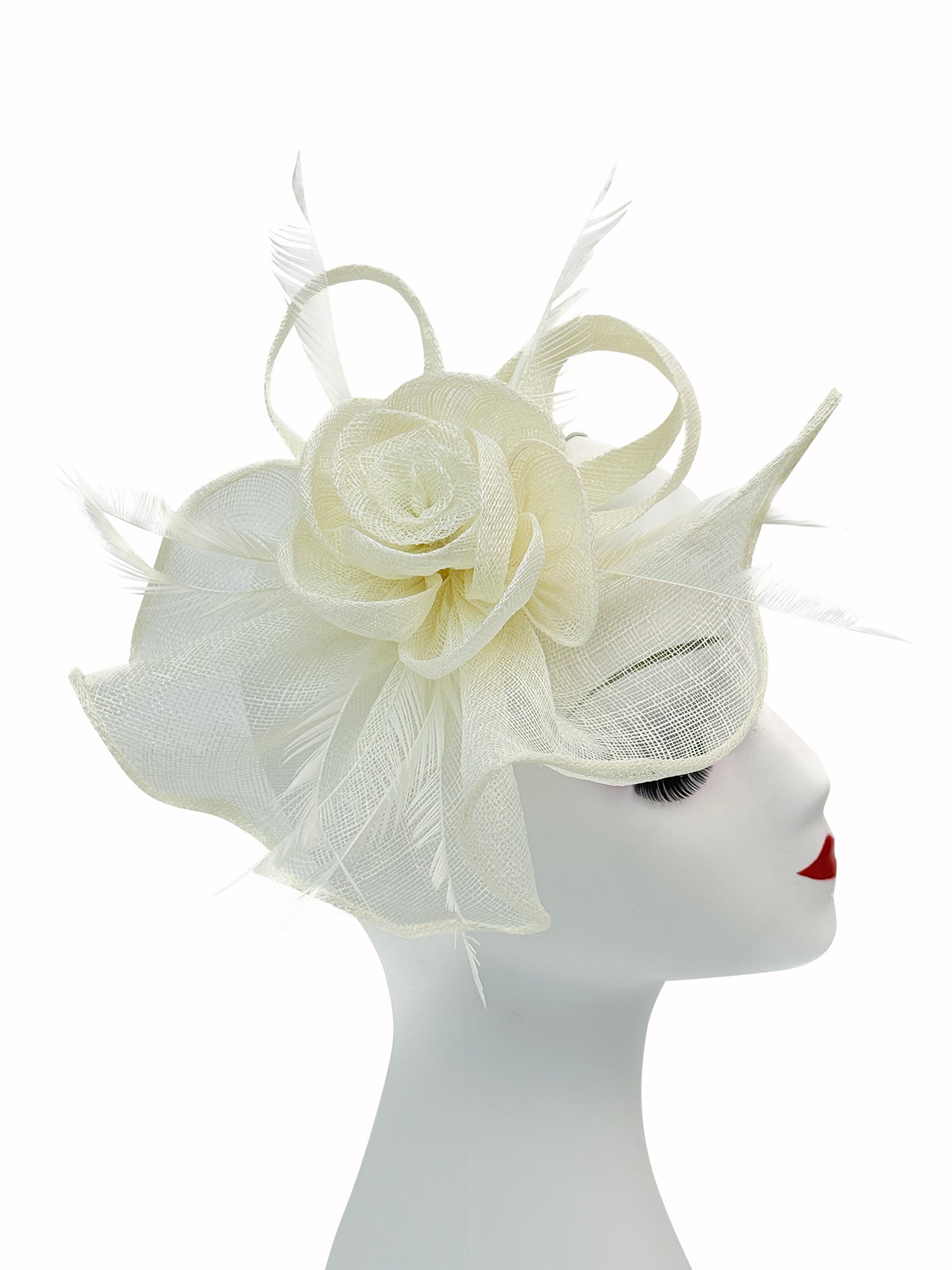 SF16189-7 Gauze Rose Fascinator with A Tear Drop Veil and Curled Feathers