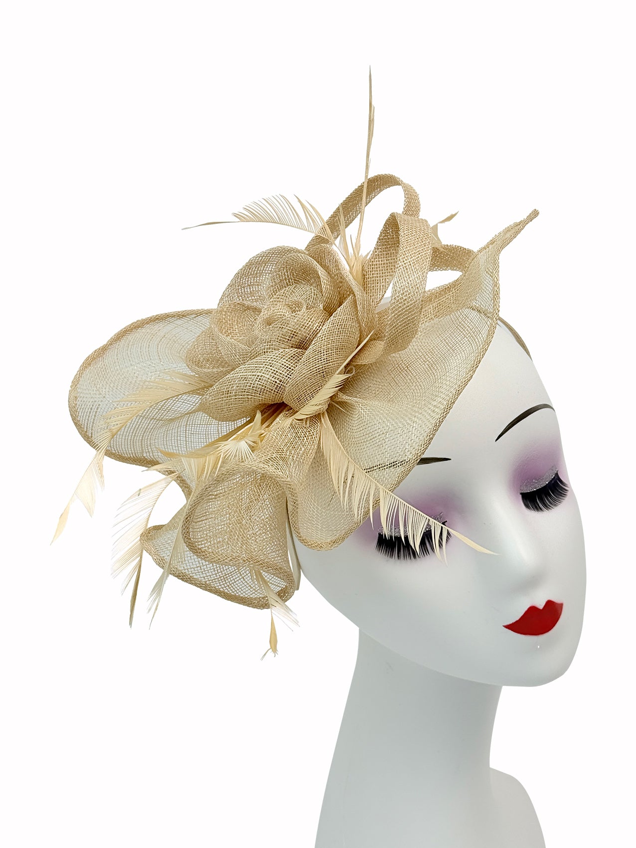 SF16189-7 Gauze Rose Fascinator with A Tear Drop Veil and Curled Feathers