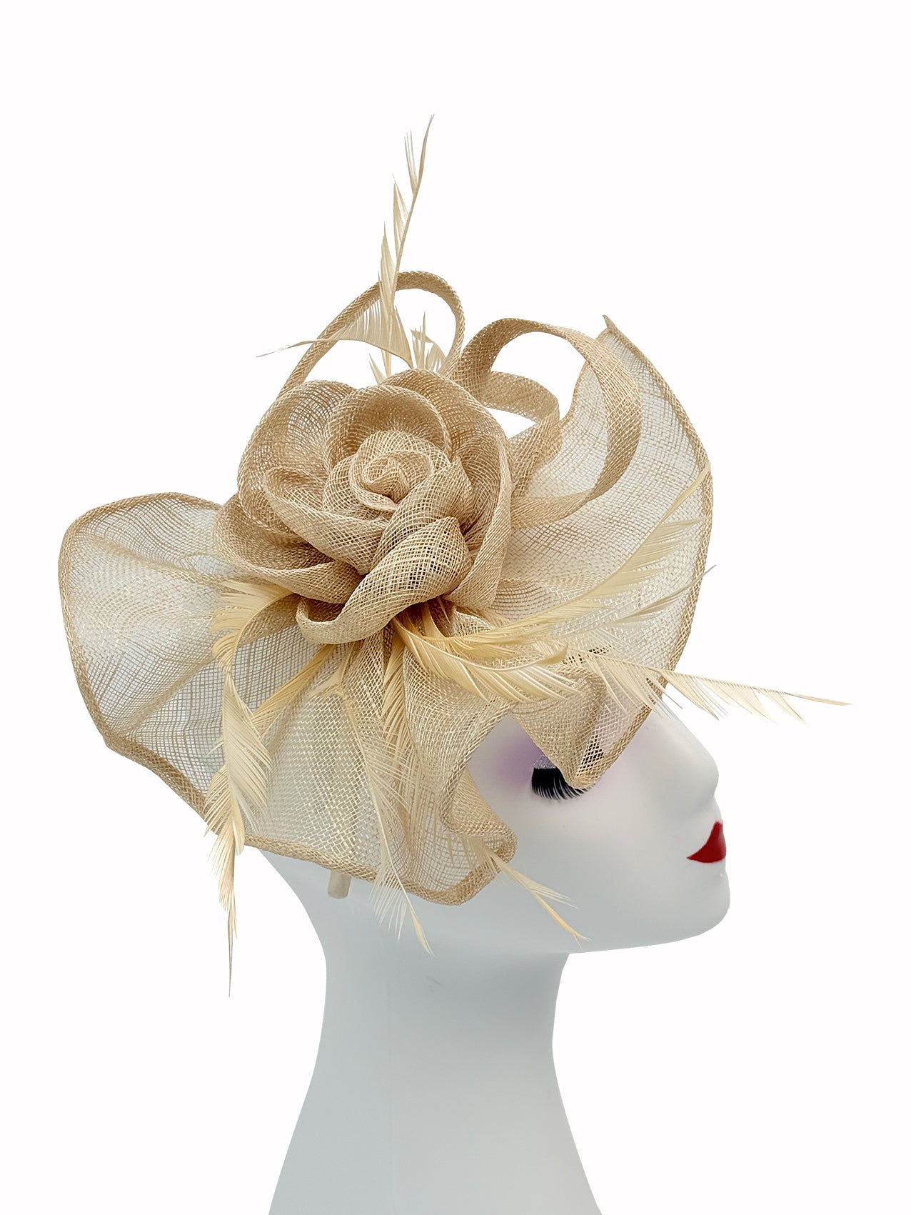 SF16189-7 Gauze Rose Fascinator with A Tear Drop Veil and Curled Feathers