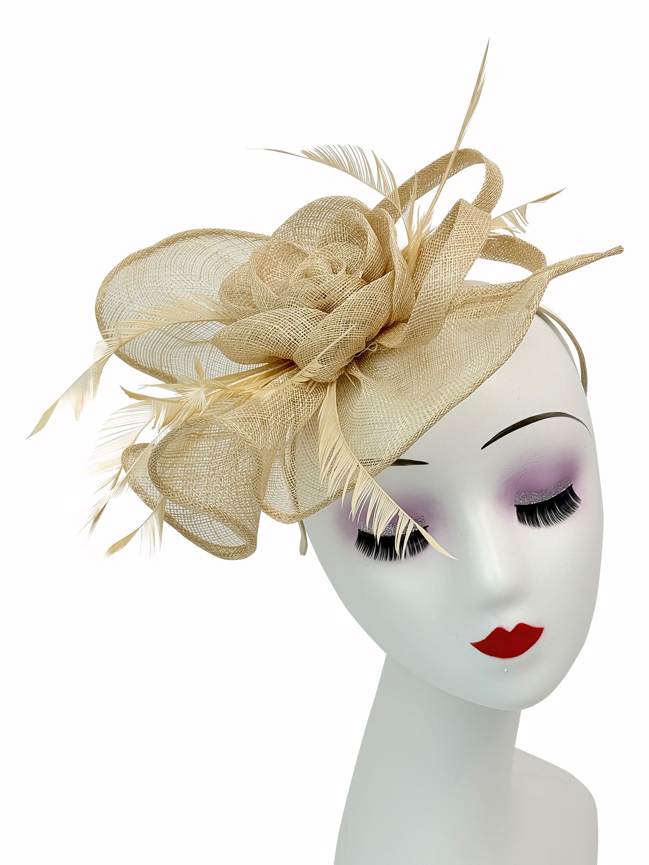 SF16189-7 Gauze Rose Fascinator with A Tear Drop Veil and Curled Feathers