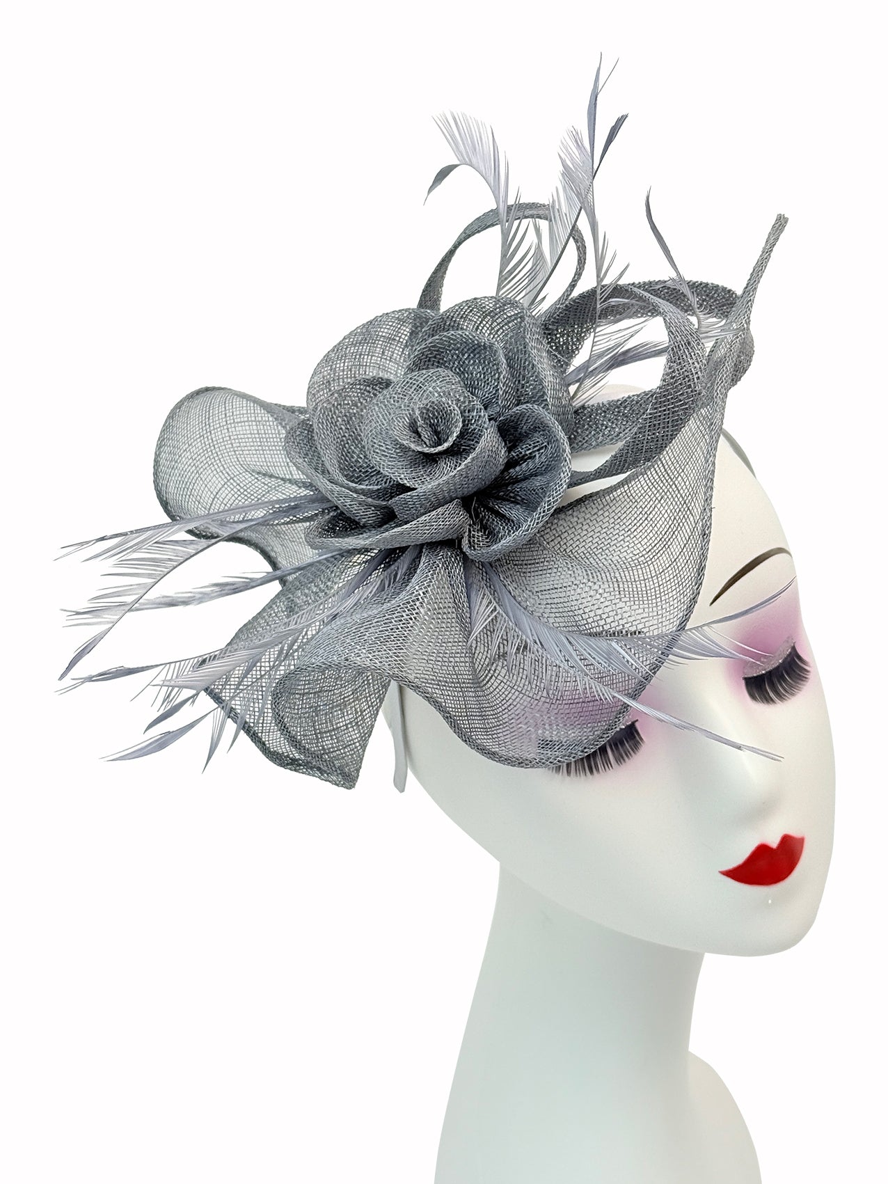 SF16189-7 Gauze Rose Fascinator with A Tear Drop Veil and Curled Feathers