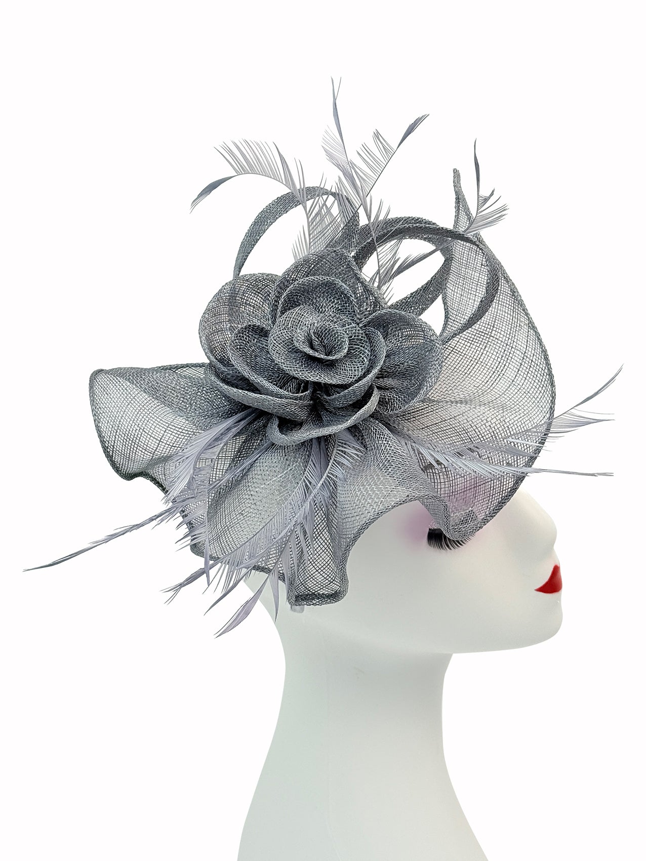 SF16189-7 Gauze Rose Fascinator with A Tear Drop Veil and Curled Feathers
