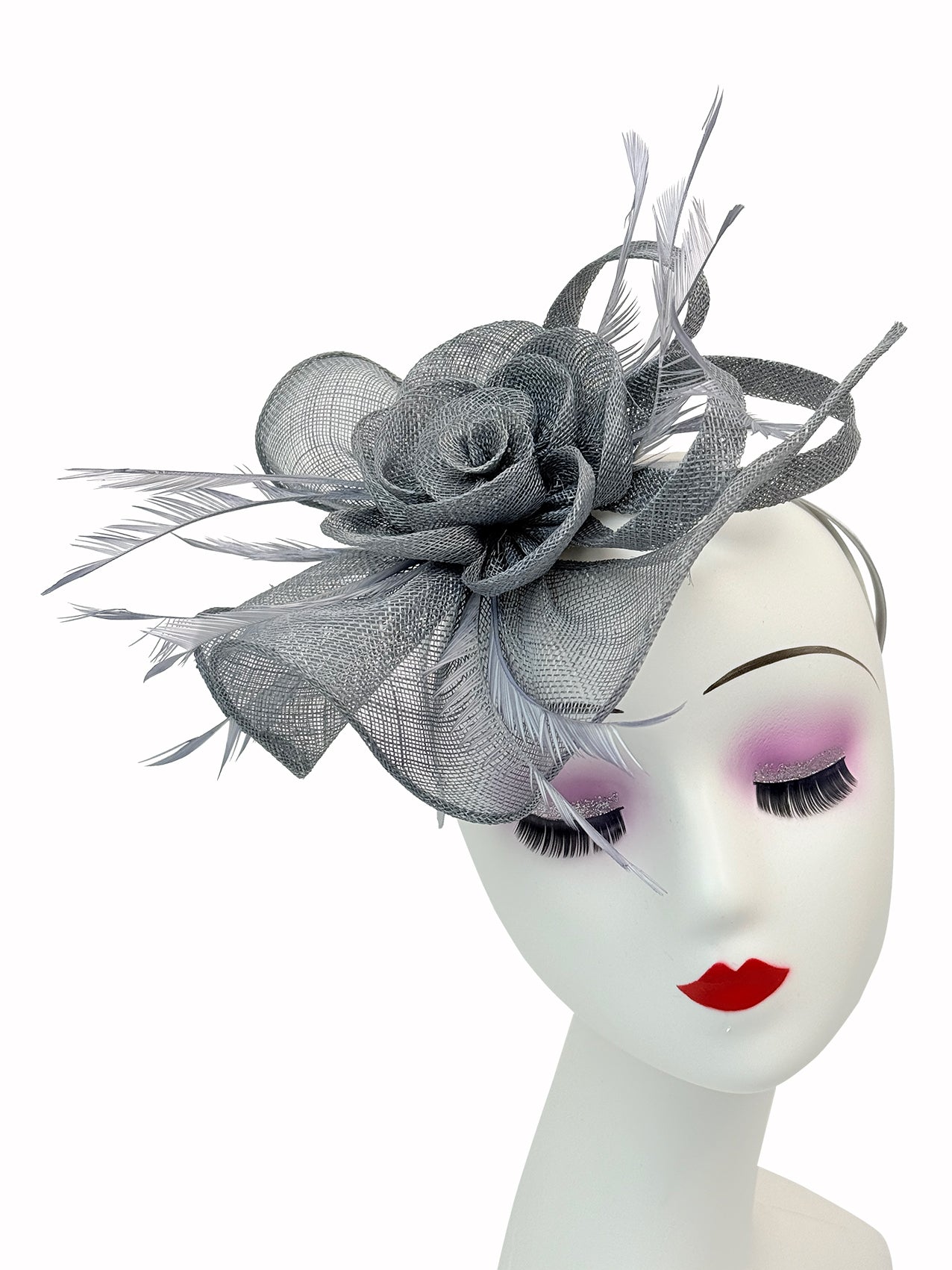 SF16189-7 Gauze Rose Fascinator with A Tear Drop Veil and Curled Feathers