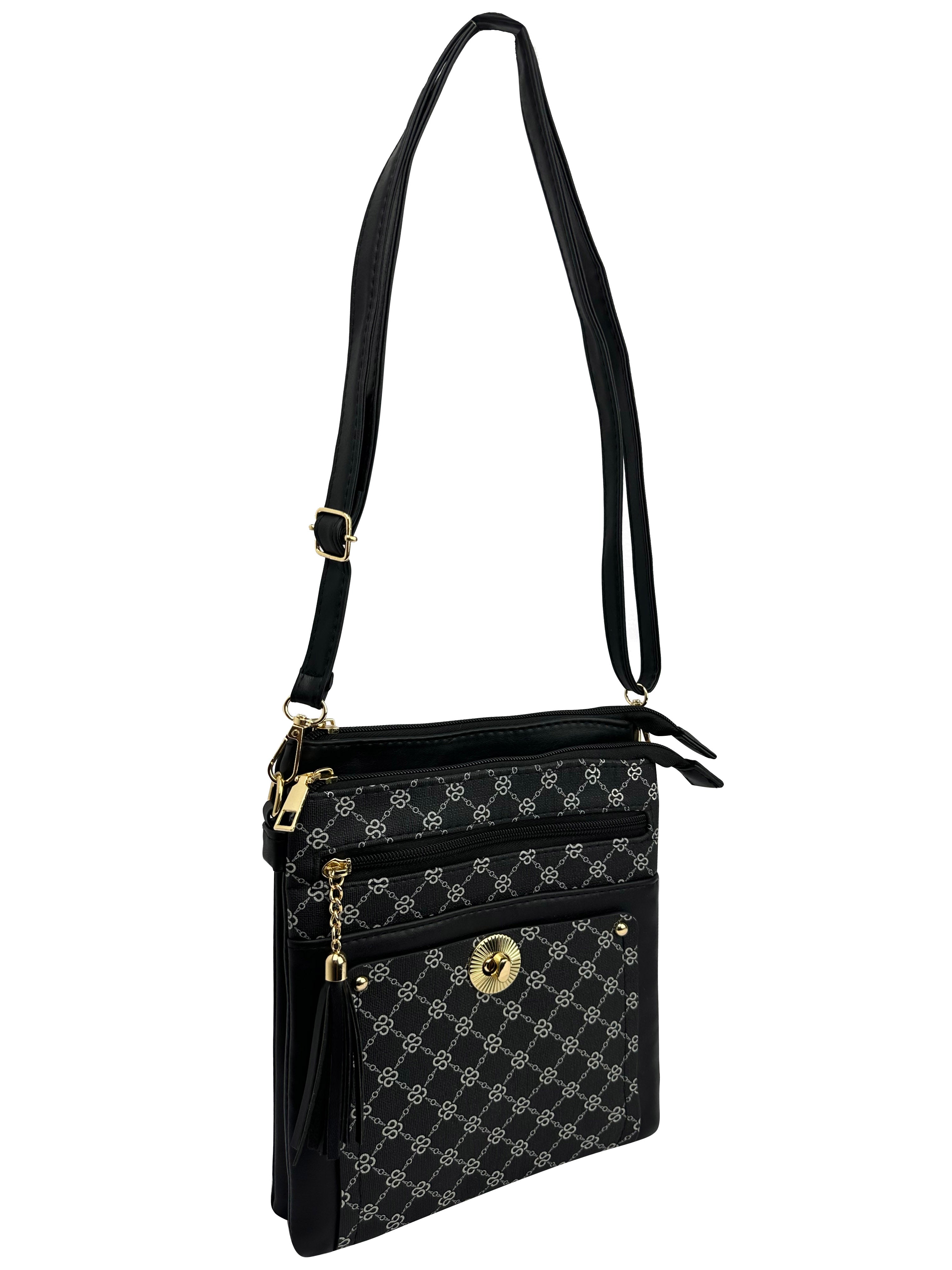 BG24165-080 Dual Zip Monogrammed Cross Body Bag Messenger Shoulder Handbag