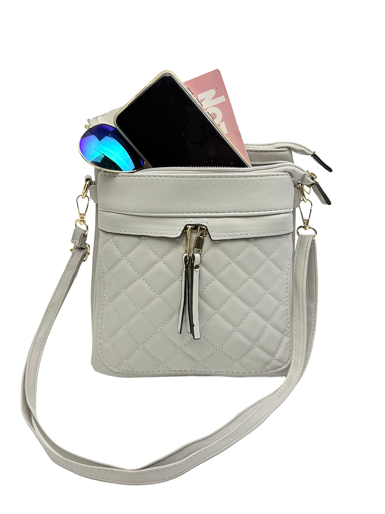 BG2416-059 Dual Zip Quiled Cross Body Messenger Bag Multipurpose Shoulder Handbag