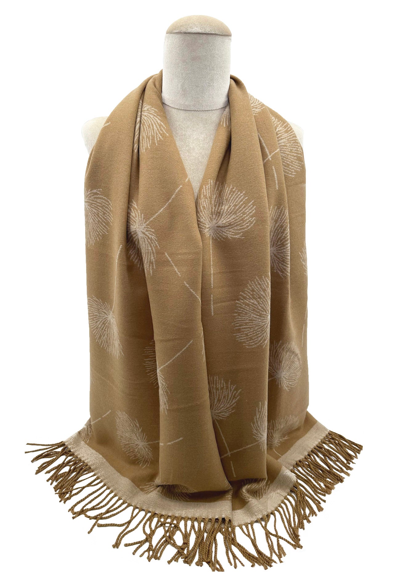 SF23195-909 Dandelion Flower Print Cotton Blend Scarf with Tassels