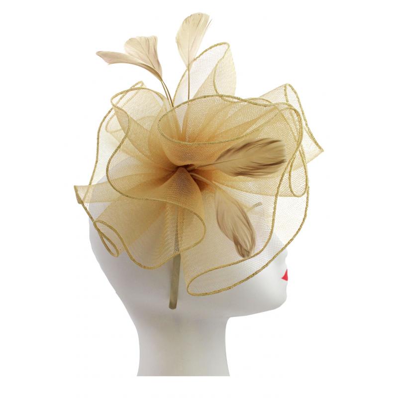 FT9009-030 Large Frilled Mesh Fascinator with Feathers