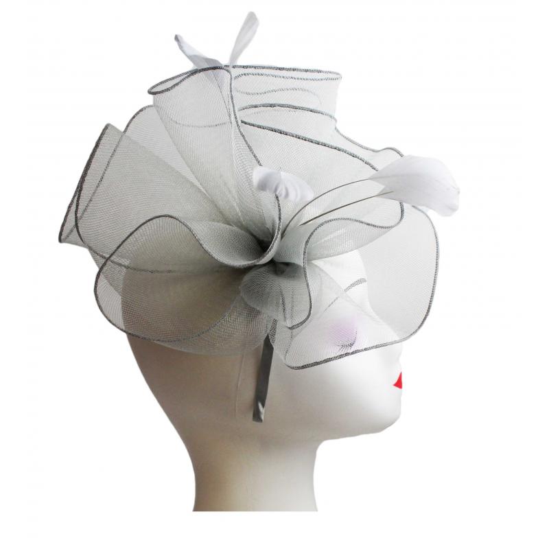 FT9009-030 Large Frilled Mesh Fascinator with Feathers