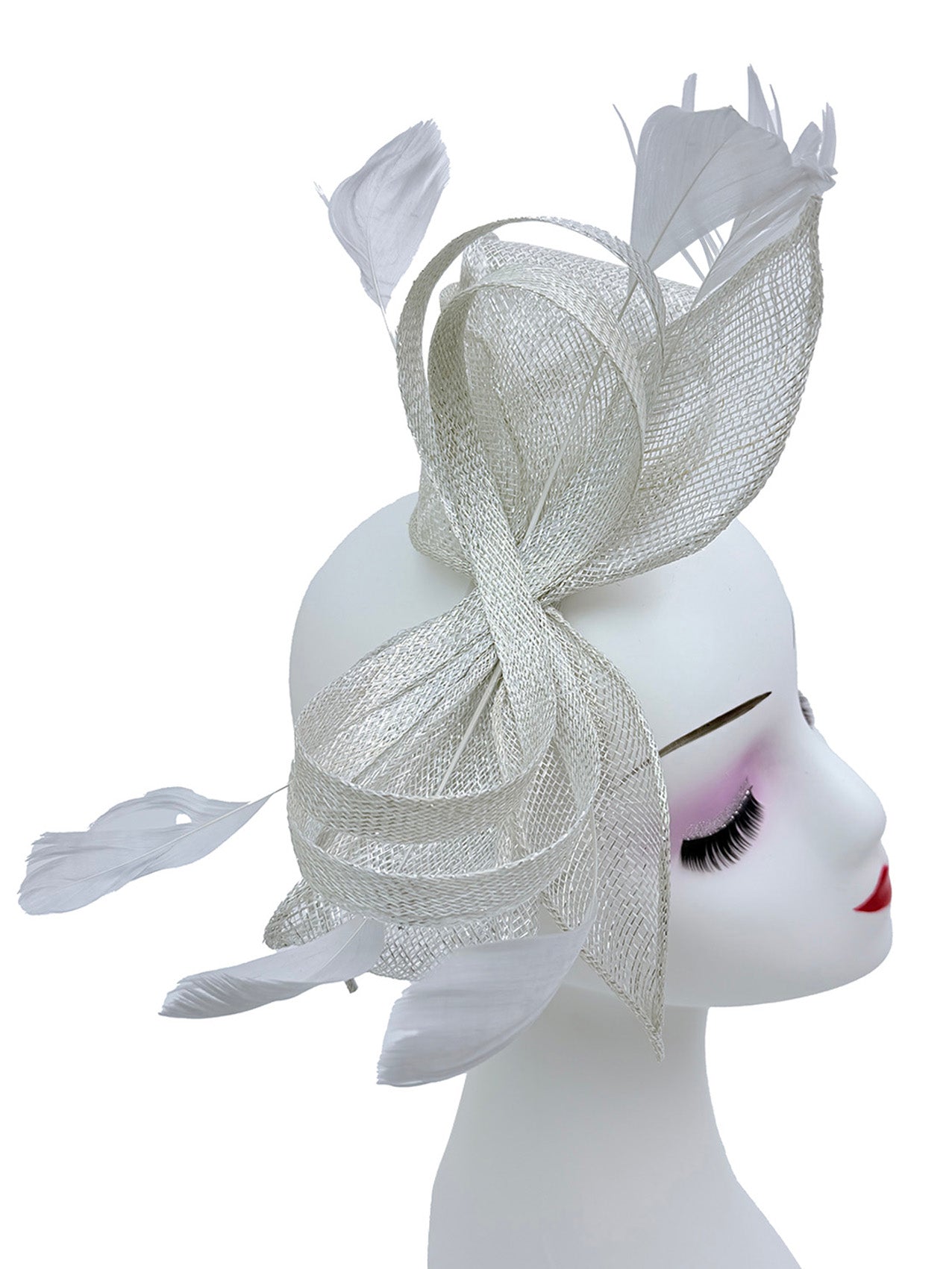 FT25220 Bow Shaped Fascinator with Sinamay Curls and Feathers Detail