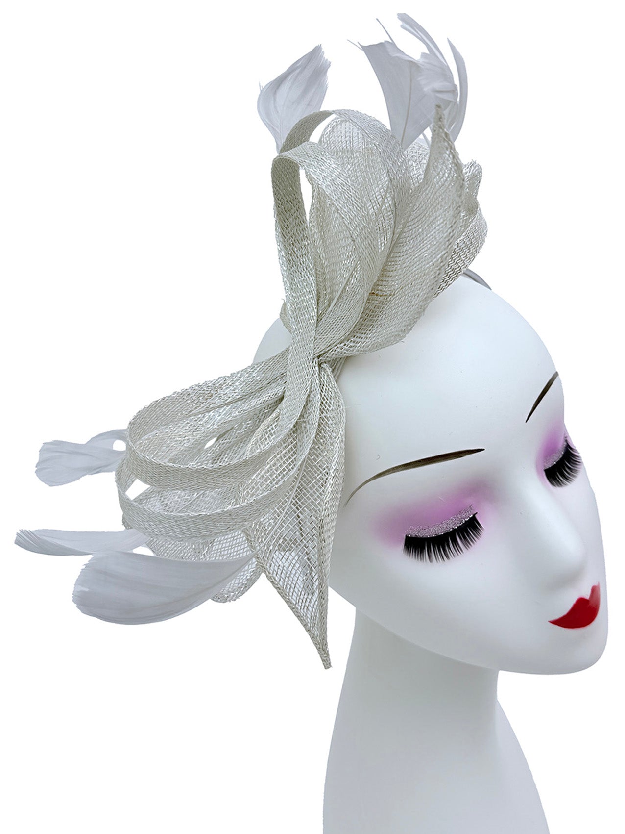 FT25220 Bow Shaped Fascinator with Sinamay Curls and Feathers Detail