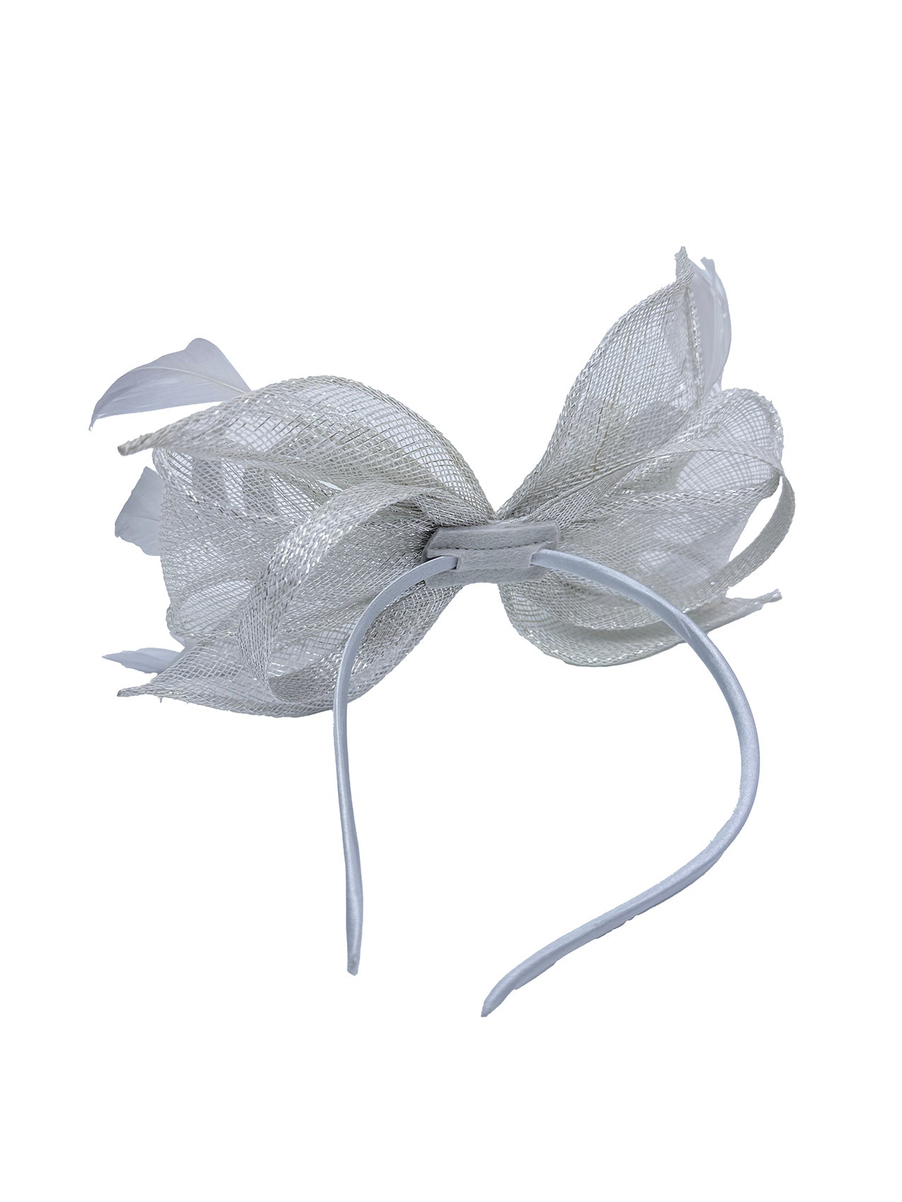 FT25220 Bow Shaped Fascinator with Sinamay Curls and Feathers Detail