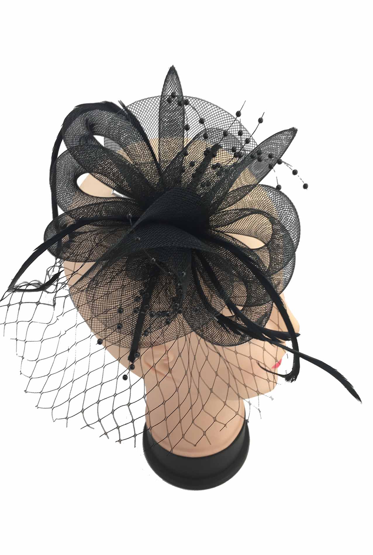 MX1709-4 Gauze & feather fascinator with Veil and Beads Pistils