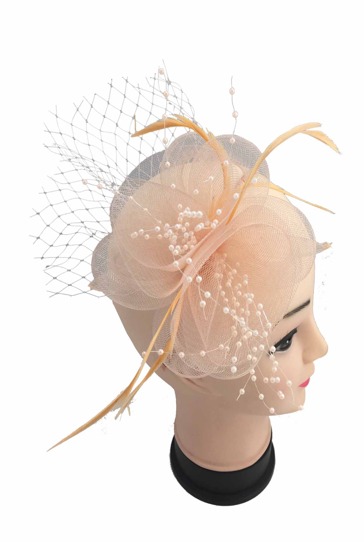 MX1709-4 Gauze & feather fascinator with Veil and Beads Pistils