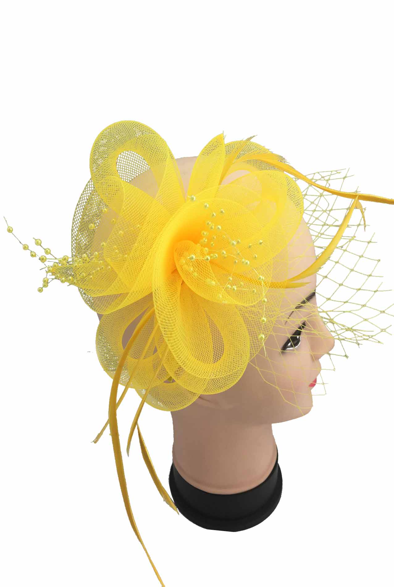 MX1709-4 Gauze & feather fascinator with Veil and Beads Pistils