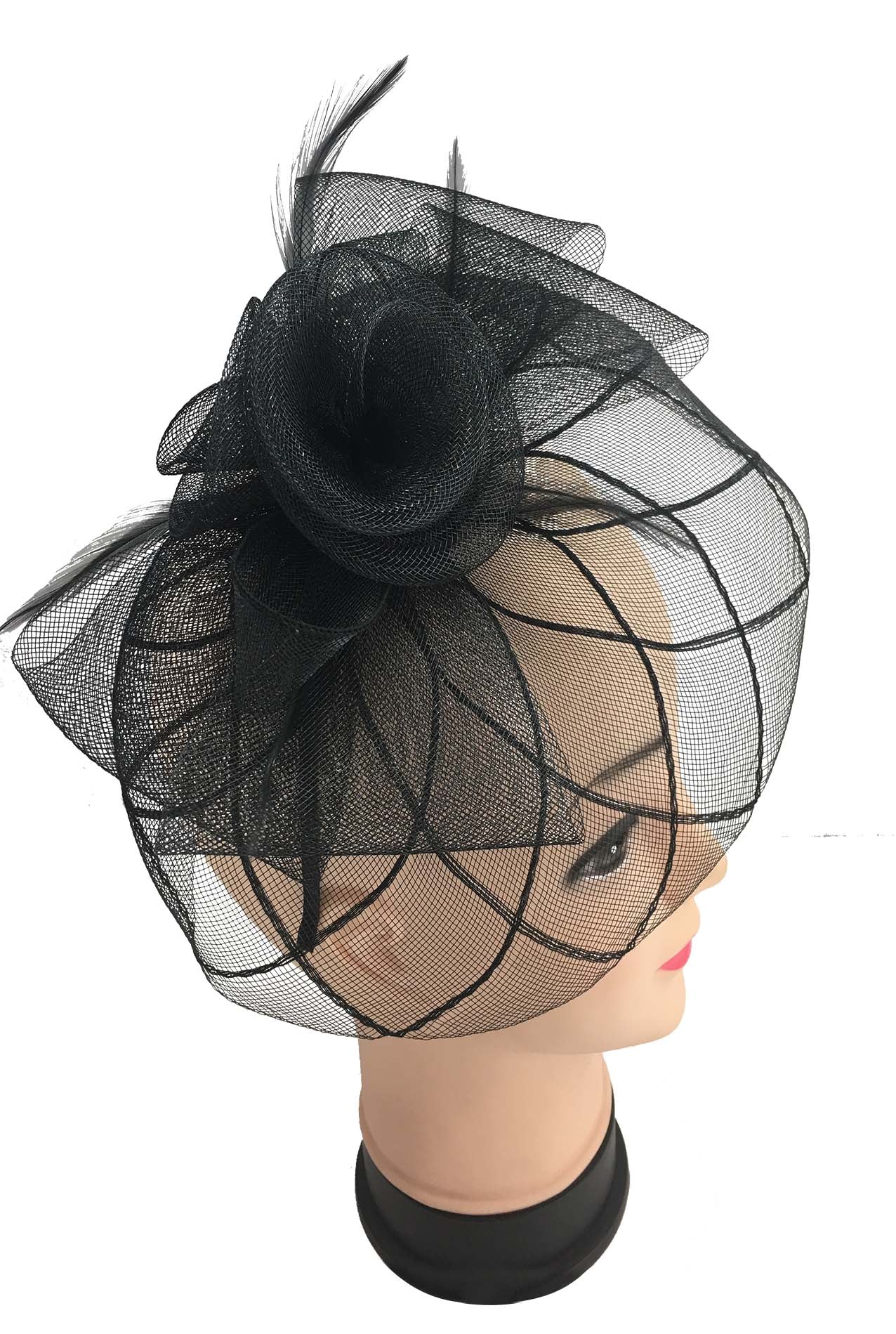 MX1709-6 Gauze Bow Tie Flower Fascinator with a Veil and Feathers