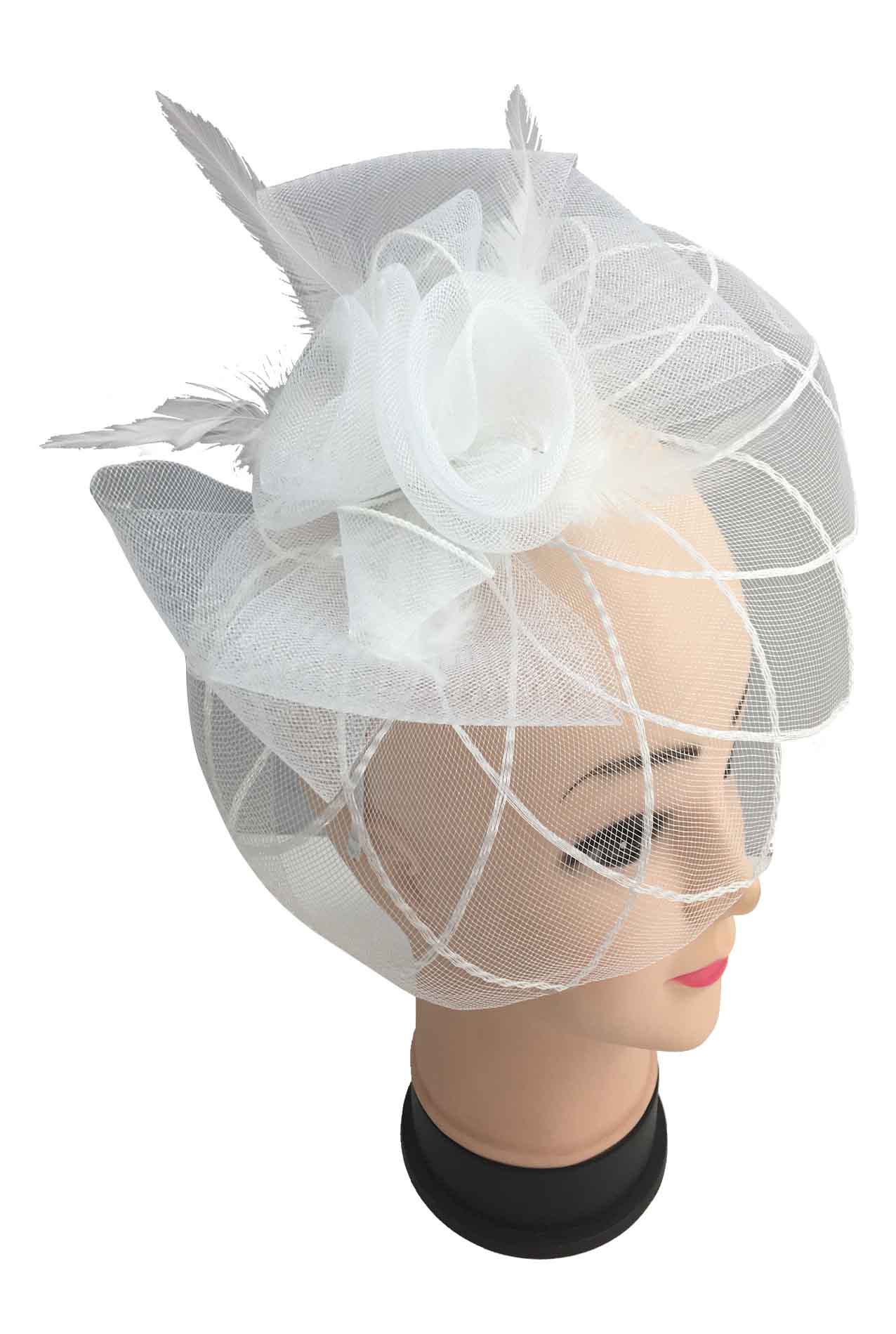 MX1709-6 Gauze Bow Tie Flower Fascinator with a Veil and Feathers