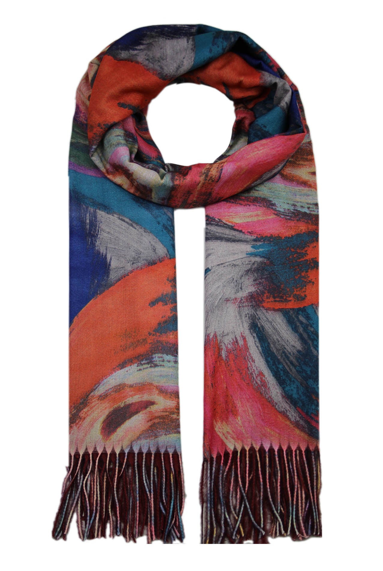 SF19150-91 Multicolour Brush Stroke Pattern Viscose Scarf with Tassels