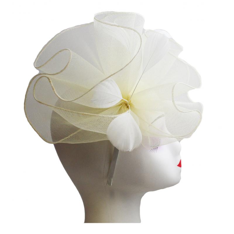 FT9009-030 Large Frilled Mesh Fascinator with Feathers