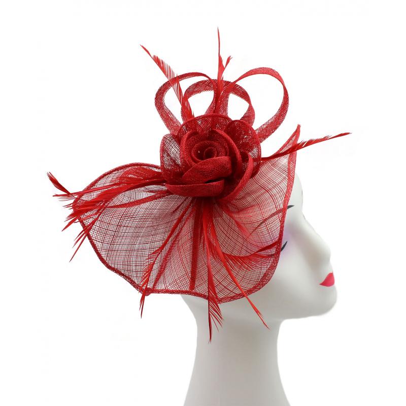 SF16189-7 Gauze Rose Fascinator with A Tear Drop Veil and Curled Feathers