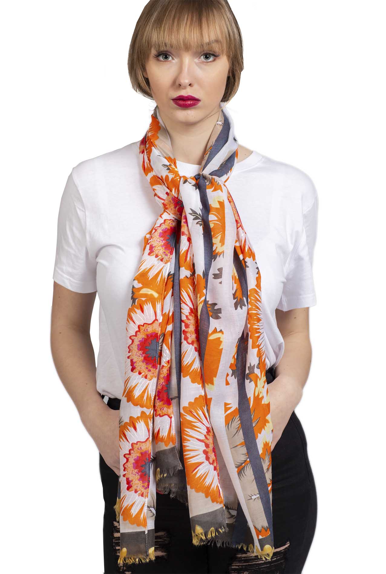 SF19110-042 Soft Scarf with Sunflower Pattern and Shiny Glitters