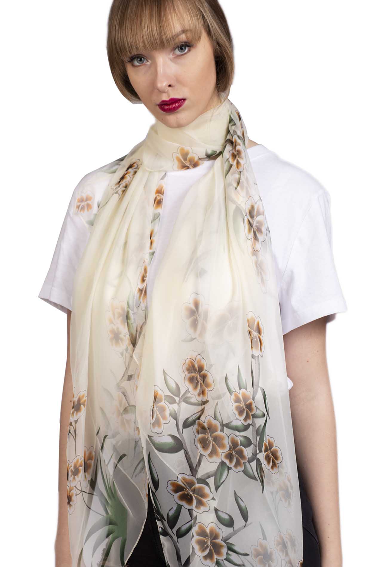 SF1912-034 Silk Blend Scarf with Flower Pattern