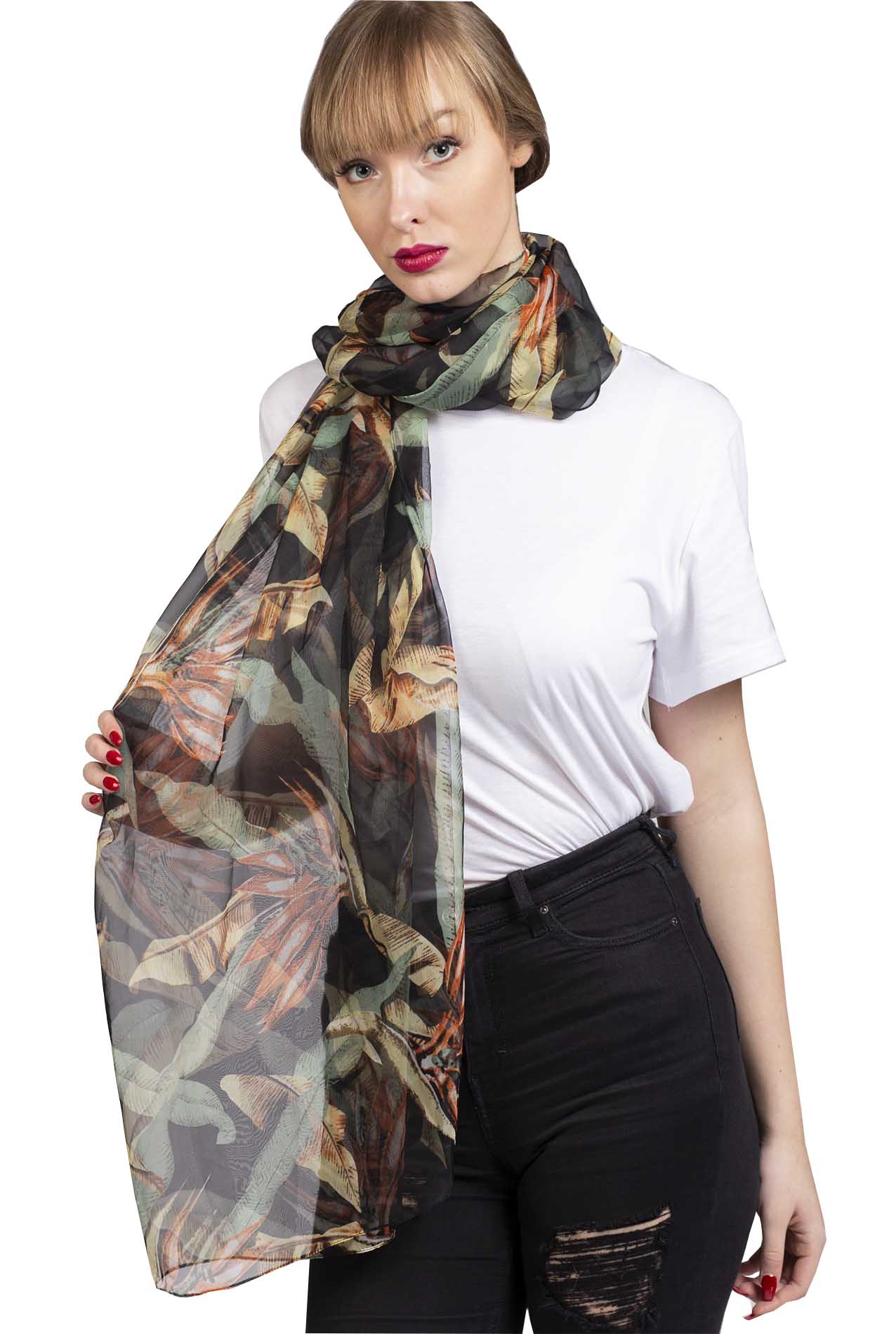 SF1912-035 Silk Blend Chiffon Scarf with Leaf Pattern