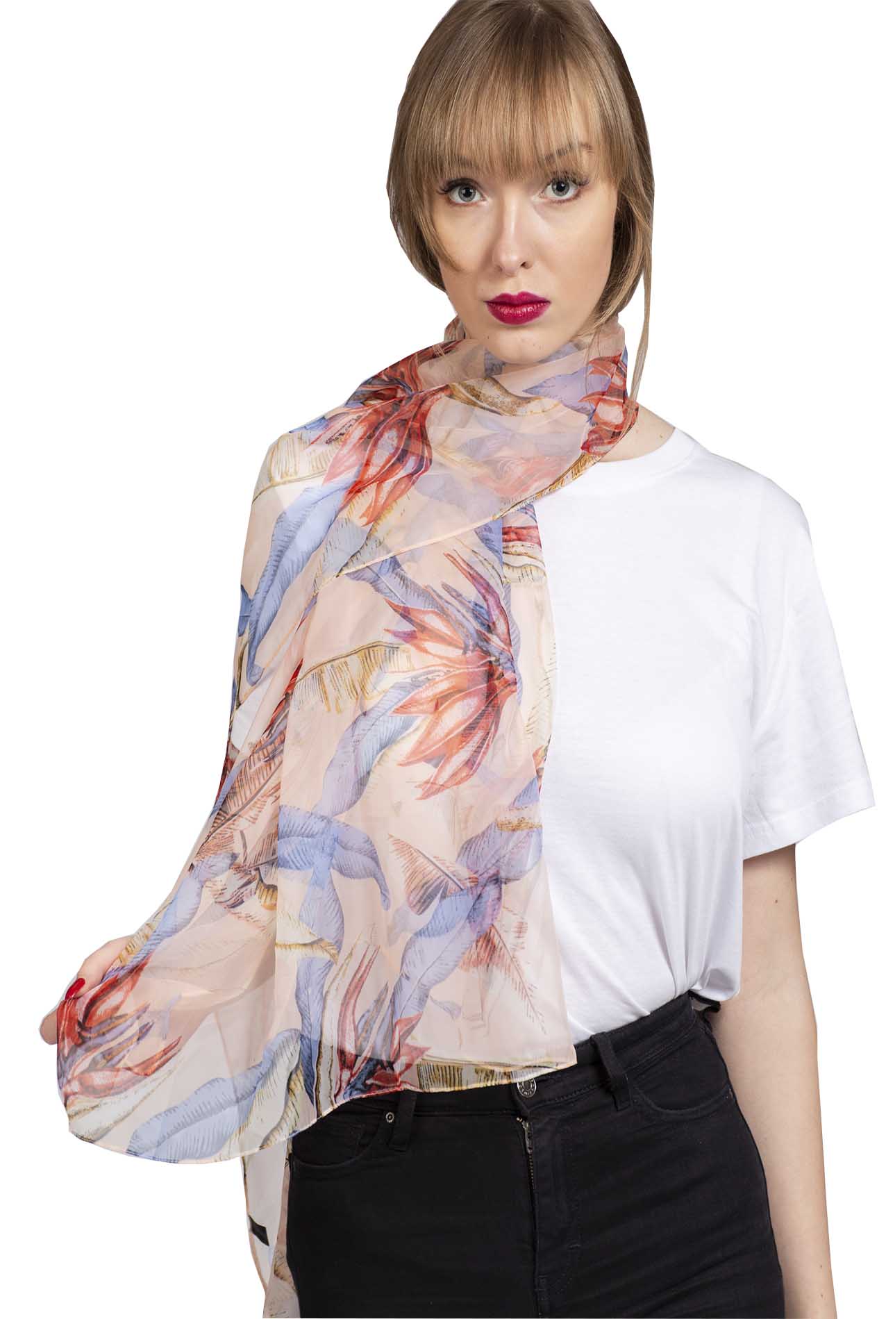 SF1912-035 Silk Blend Chiffon Scarf with Leaf Pattern