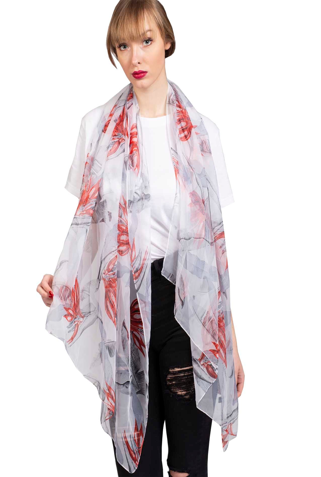 SF1912-035 Silk Blend Chiffon Scarf with Leaf Pattern